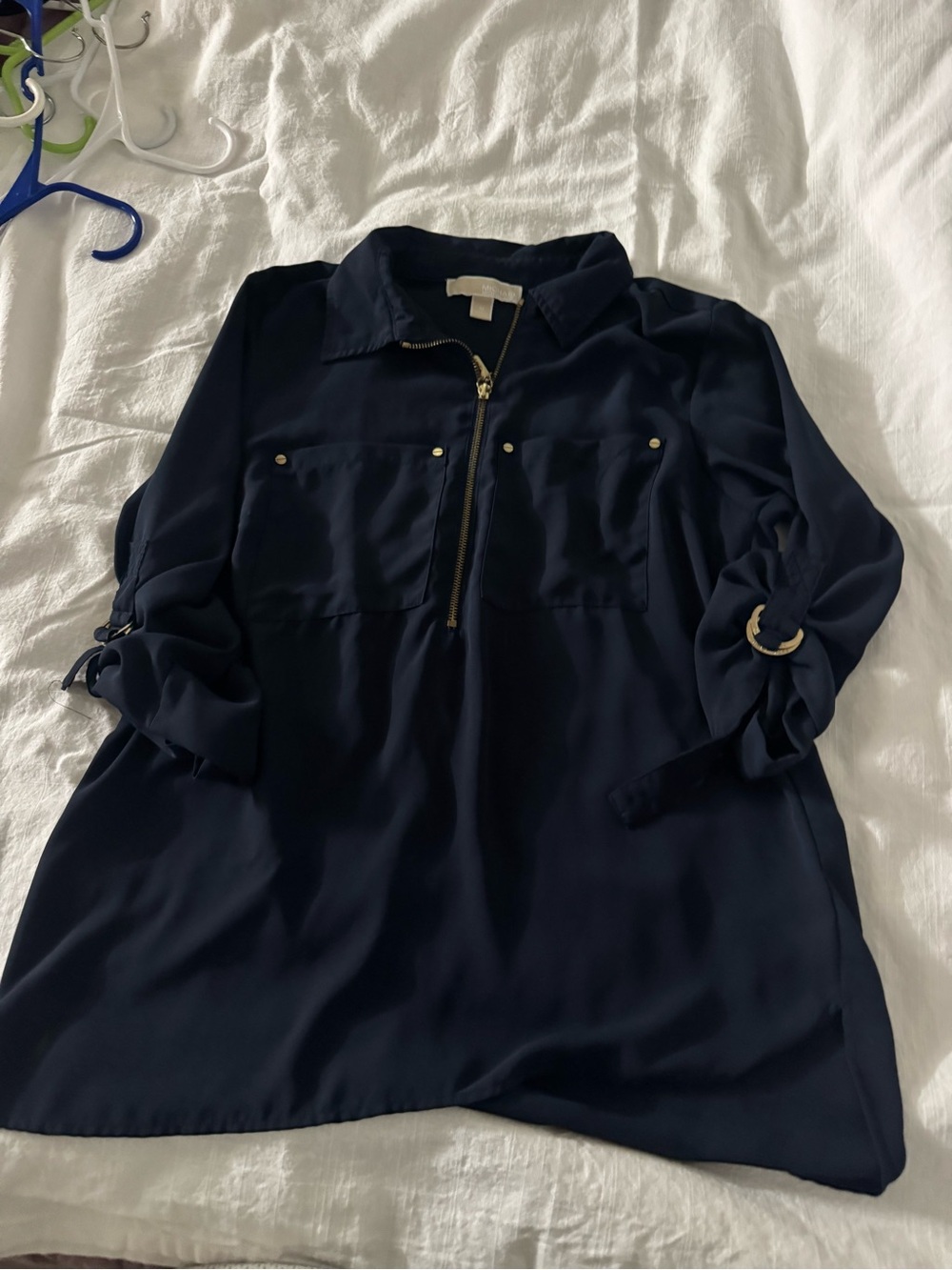 Michael Kors Navy Half-Zip Tunic Blouse with Gold Hardware